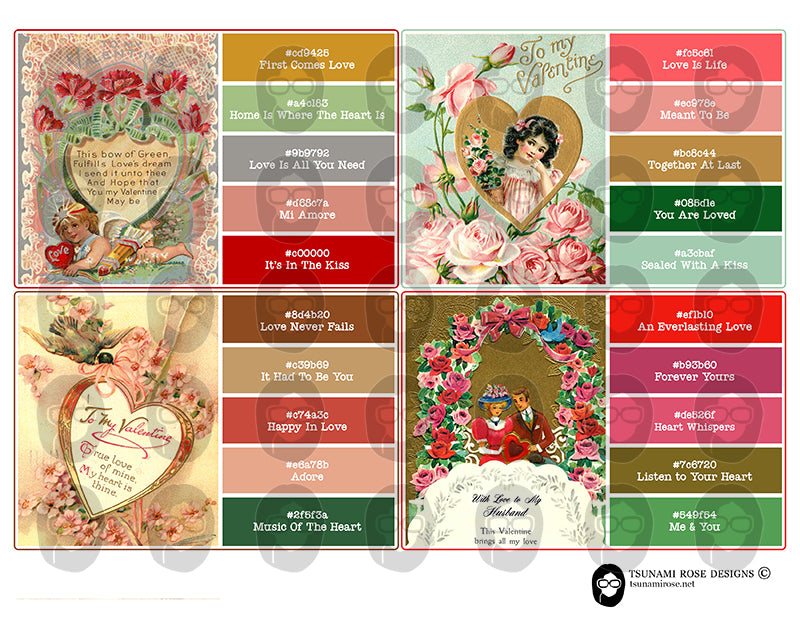 Valentine's Day Ephemera, Paint Sample Cards -6pg Digital Download- Junk Journal Printables, Retro and Vintage, Scrapbook Titles, Notecards