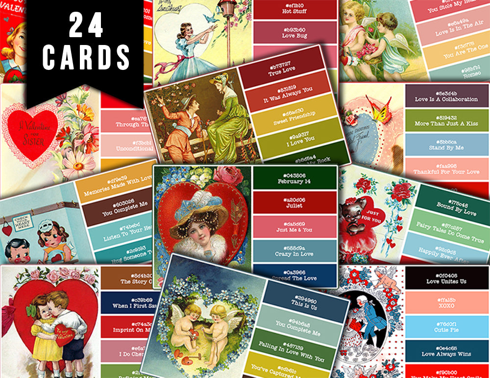 Valentine's Day Ephemera, Paint Sample Cards -6pg Digital Download- Junk Journal Printables, Retro and Vintage, Scrapbook Titles, Notecards