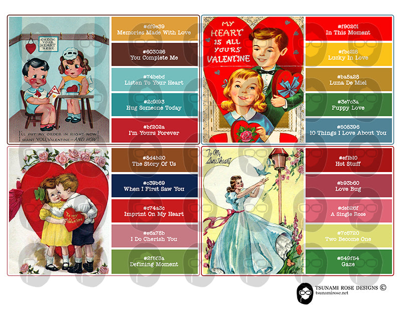 Valentine's Day Ephemera, Paint Sample Cards -6pg Digital Download- Junk Journal Printables, Retro and Vintage, Scrapbook Titles, Notecards