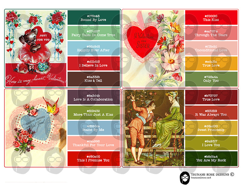 Valentine's Day Ephemera, Paint Sample Cards -6pg Digital Download- Junk Journal Printables, Retro and Vintage, Scrapbook Titles, Notecards