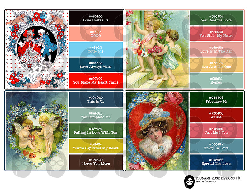 Valentine's Day Ephemera, Paint Sample Cards -6pg Digital Download- Junk Journal Printables, Retro and Vintage, Scrapbook Titles, Notecards