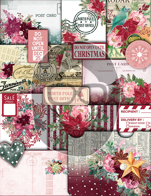 Pink Christmas Printable, Ephemera Fussy Cuts -6pg Digital Download- Junk Journal DIY Kit, Pockets, Envelopes, Labels, Tags, Cards, Titles