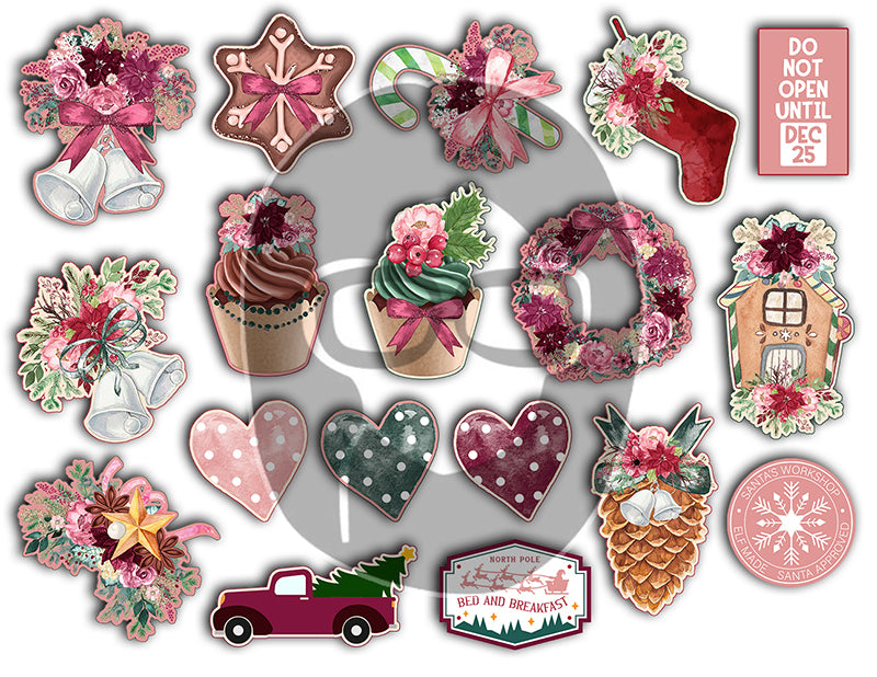 Pink Christmas Printable, Ephemera Fussy Cuts -6pg Digital Download- Junk Journal DIY Kit, Pockets, Envelopes, Labels, Tags, Cards, Titles