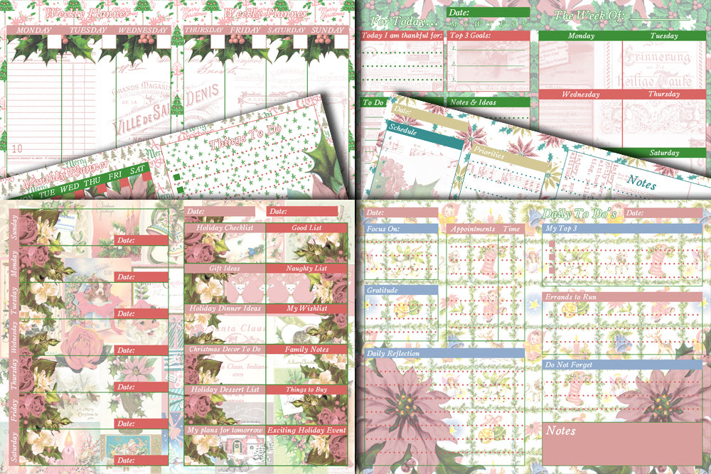 Retro Vintage Pink Christmas Junk Journal Printable Planner Pages -S1- 6 Pg Instant Download - Holiday digital kit, December Daily Journal