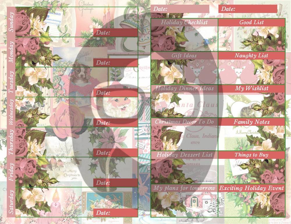 Retro Vintage Pink Christmas Junk Journal Printable Planner Pages -S1- 6 Pg Instant Download - Holiday digital kit, December Daily Journal
