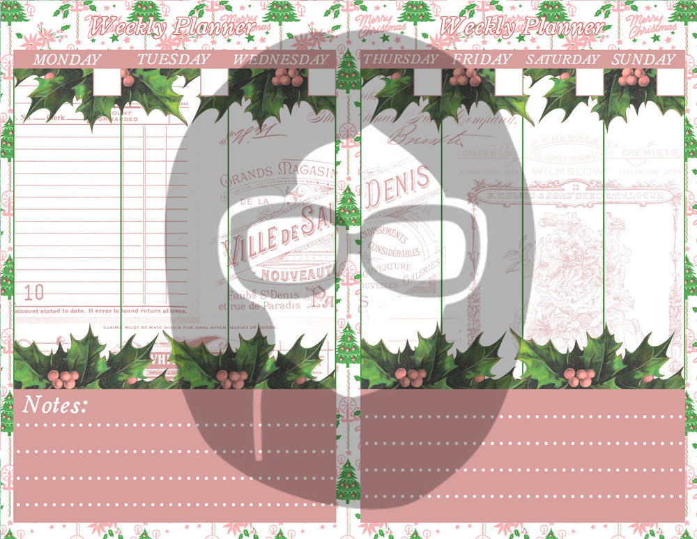 Retro Vintage Pink Christmas Junk Journal Printable Planner Pages -S1- 6 Pg Instant Download - Holiday digital kit, December Daily Journal