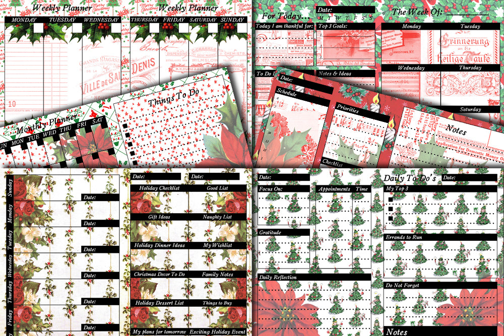 Retro Vintage Christmas Junk Journal Printable Planner Pages -S1- 6 Pg Instant Download - Holiday digital kit, December Daily Journal Kit