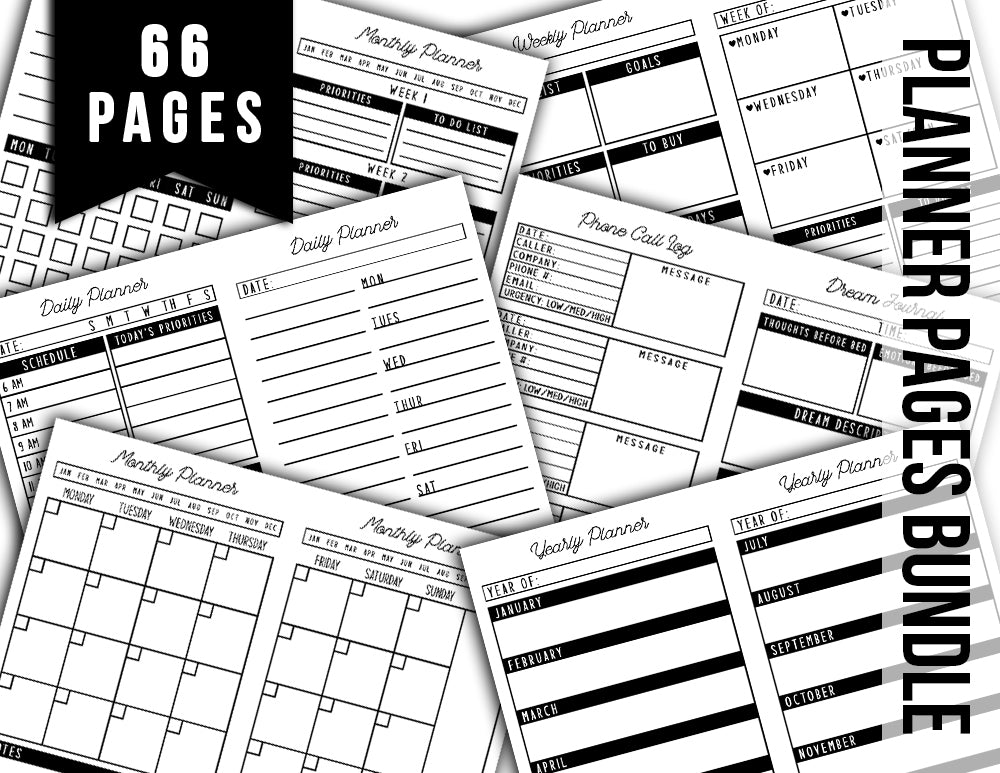 Junk Journal Planner, Undated Monthly Calendar -66pg Digital Download- Personal Planner, Ink Saver, Ink Saving, Black And White, Bundle Kit