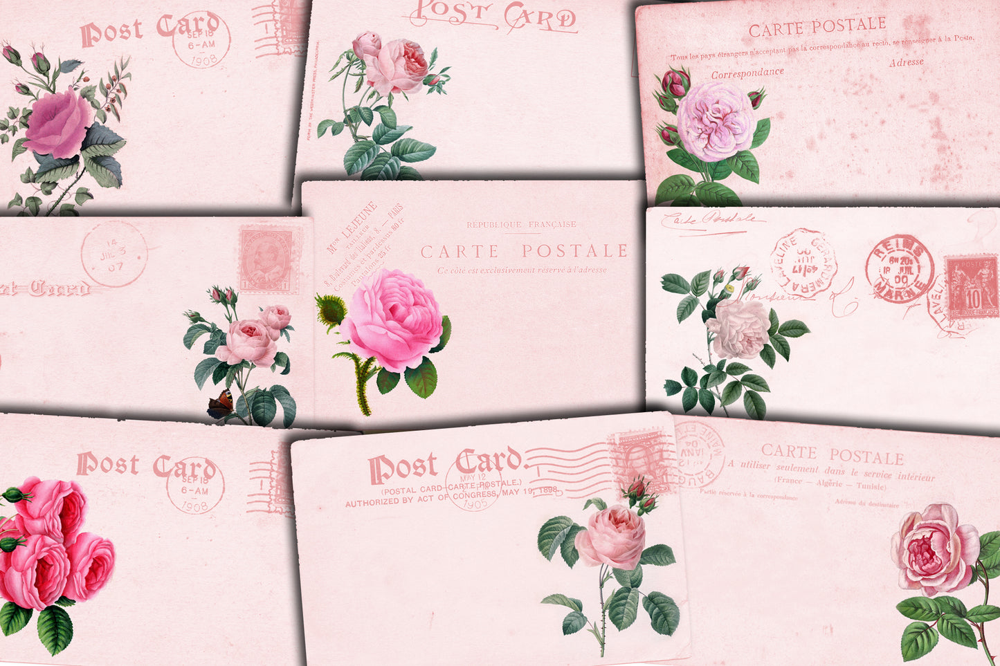 Pink Roses PostCards Collection #14 - 6 Page Instant Download - blank journal cards, digital journal kits, roses clipart floral
