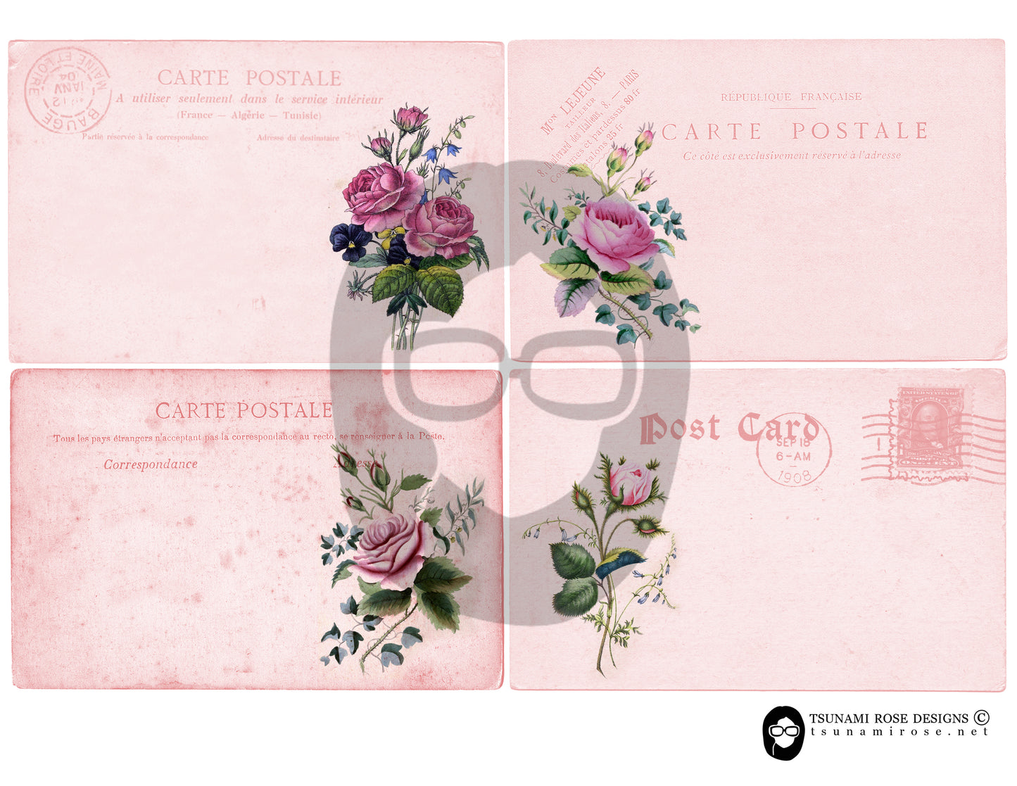 Pink Roses PostCards Collection #14 - 6 Page Instant Download - blank journal cards, digital journal kits, roses clipart floral