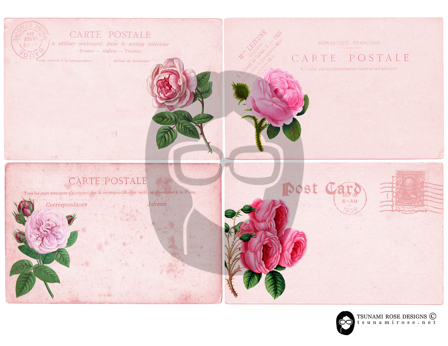 Pink Roses PostCards Collection #14 - 6 Page Instant Download - blank journal cards, digital journal kits, roses clipart floral