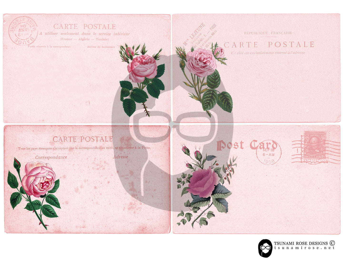 Pink Roses PostCards Collection #14 - 6 Page Instant Download - blank journal cards, digital journal kits, roses clipart floral