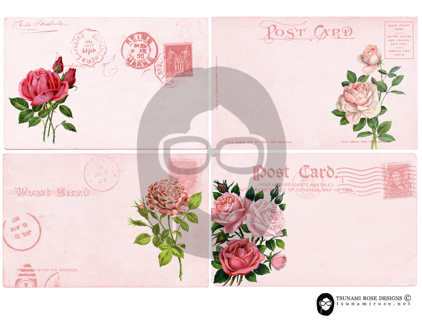 Pink Roses PostCards Collection #14 - 6 Page Instant Download - blank journal cards, digital journal kits, roses clipart floral