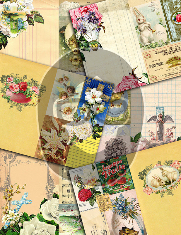 Antique Easter, Junk Journal Kit, Bible Journaling Printables -37pg Digital Download- Prayer Note Card, Devotional for Women, Catholic Cross