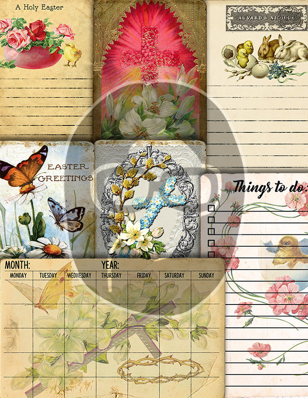 Antique Easter, Junk Journal Kit, Bible Journaling Printables -37pg Digital Download- Prayer Note Card, Devotional for Women, Catholic Cross