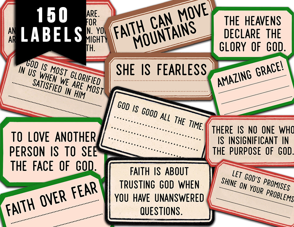Junk Journal Labels, Faith Encouragement -4pg Digital Download- Scripture Sayings, Bible Verse Printable, Prayer Quotes, Christian Verses