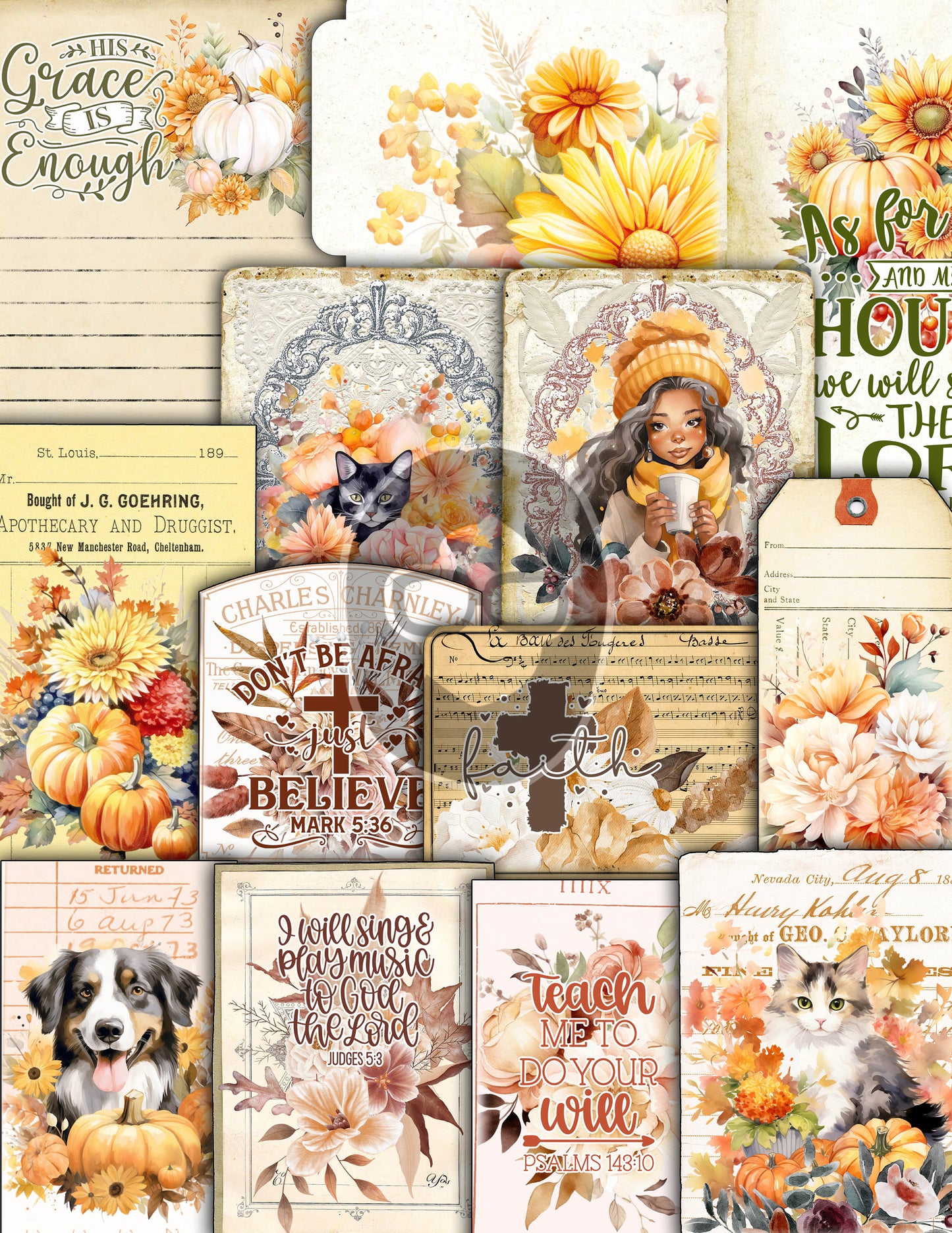 Faith Junk Journal Kit, Scripture Ephemera, Fall Digital Papers-40pg Digital Download- Religious Cards, Prayer Quotes, Bible Verse Cards