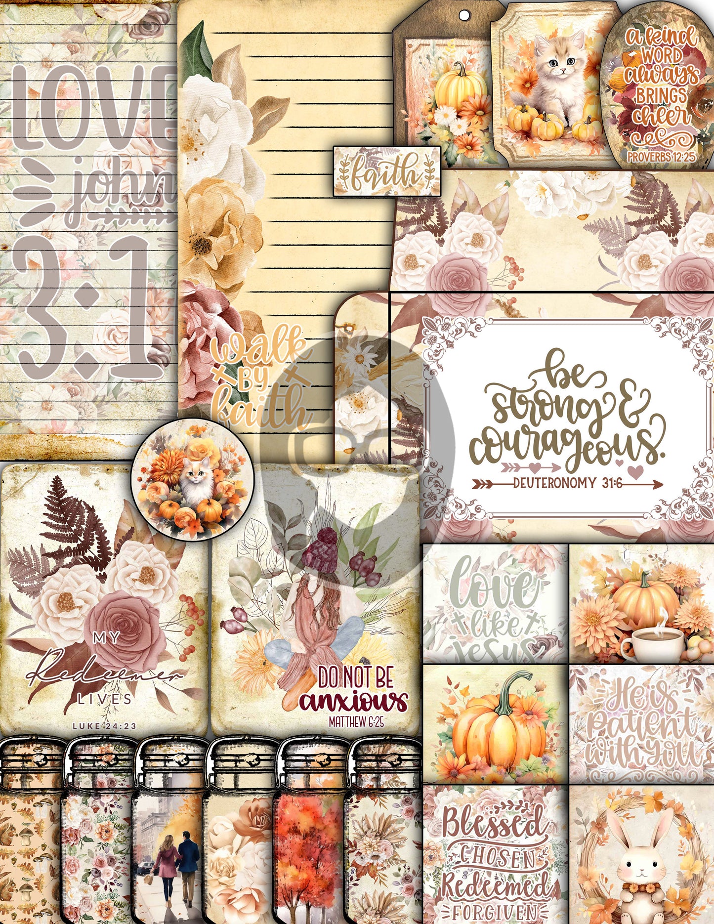 Faith Junk Journal Kit, Scripture Ephemera, Fall Digital Papers-40pg Digital Download- Religious Cards, Prayer Quotes, Bible Verse Cards