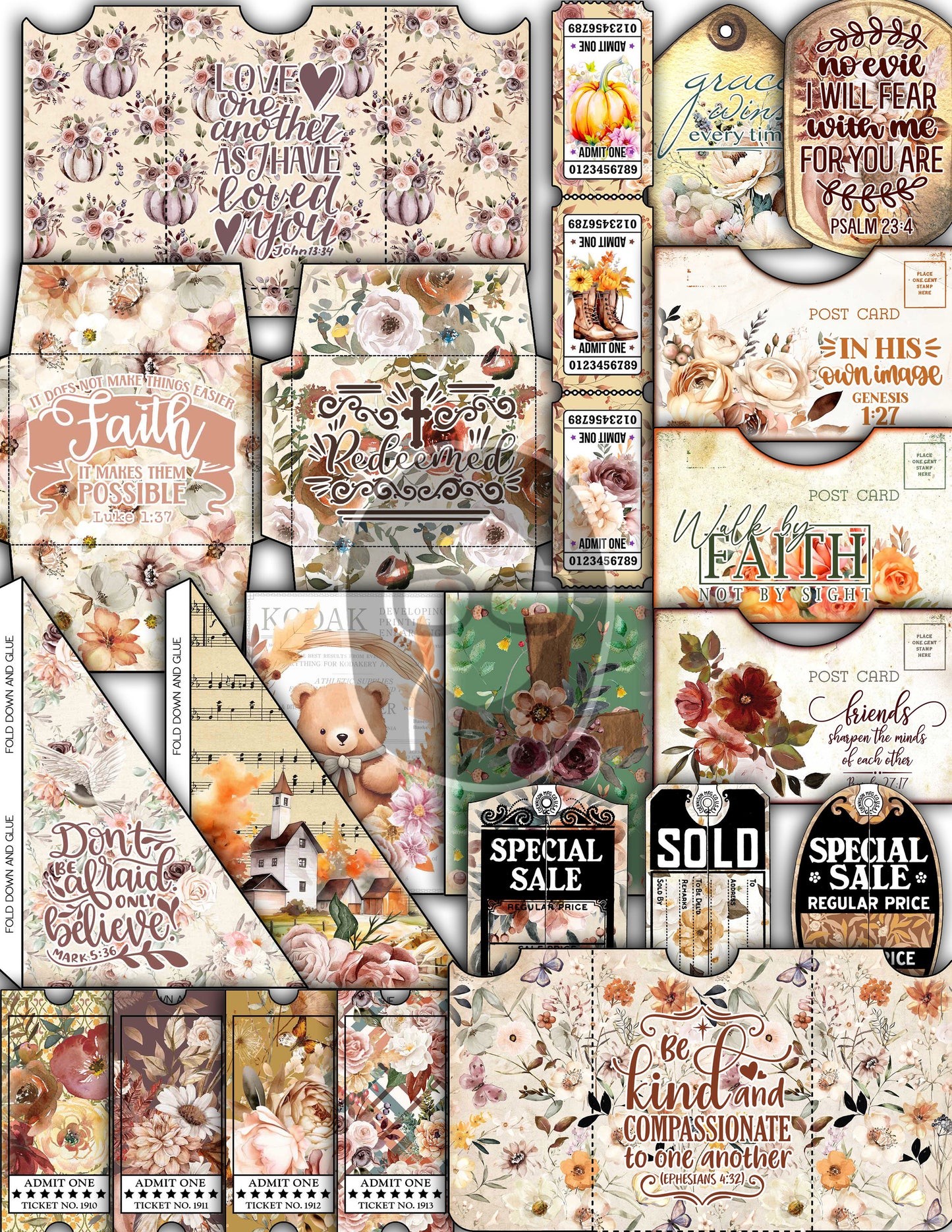 Faith Junk Journal Kit, Scripture Ephemera, Fall Digital Papers-40pg Digital Download- Religious Cards, Prayer Quotes, Bible Verse Cards