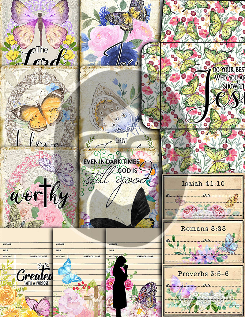 Butterfly Prayer Kit, Faith Junk Journal Kit-40pg Digital Download- Religious Note Cards, Catholic Cross, Prayer Quotes, Bible Verse Cards