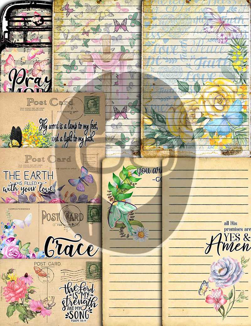 Butterfly Prayer Kit, Faith Junk Journal Kit-40pg Digital Download- Religious Note Cards, Catholic Cross, Prayer Quotes, Bible Verse Cards