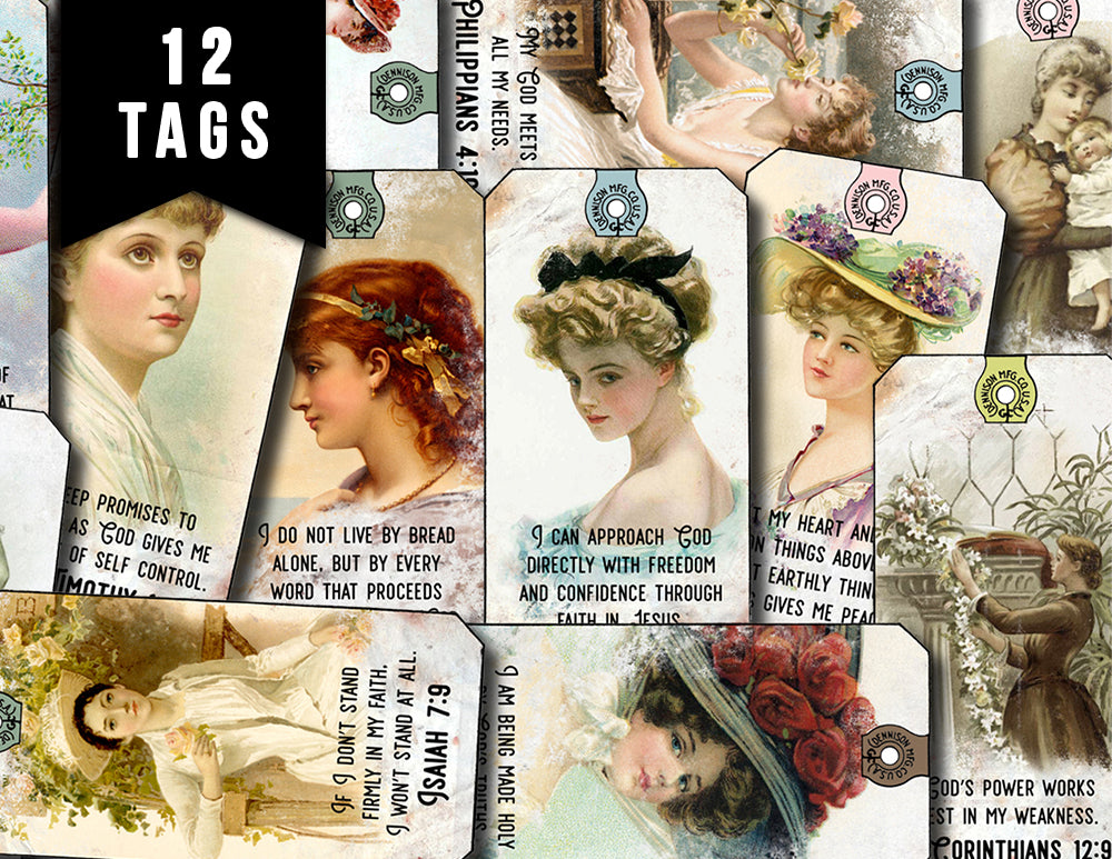 Christian Affirmations, Junk Journal Tags -2pg Digital Download- Prayer Quotes, Devotional Kits, Faith Encouragement, Religious Art Antique