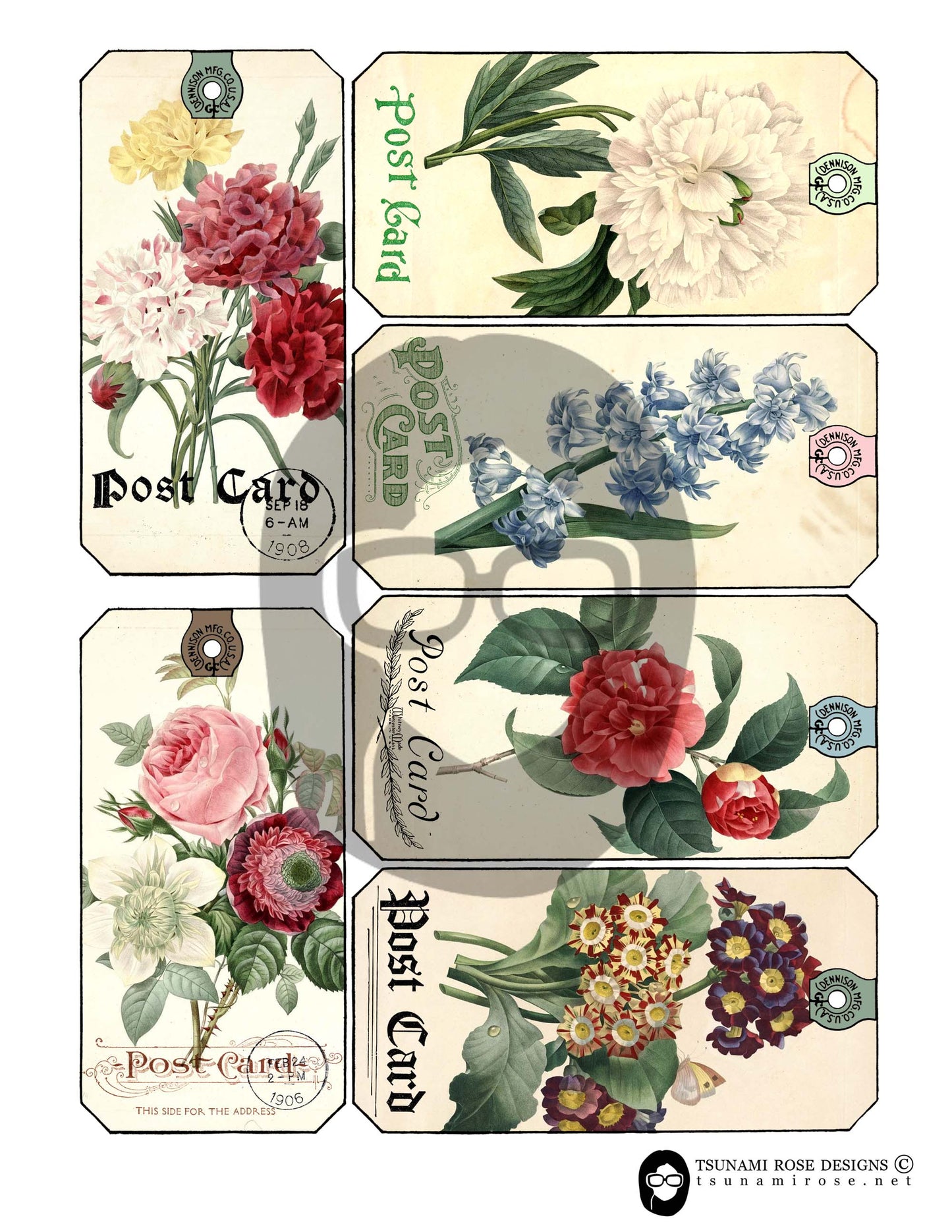Vintage Floral Postcard Junk Journal Tags 2.0 - Set #4 - 3 Page Instant Download, digital journaling card, printable ephemera kit