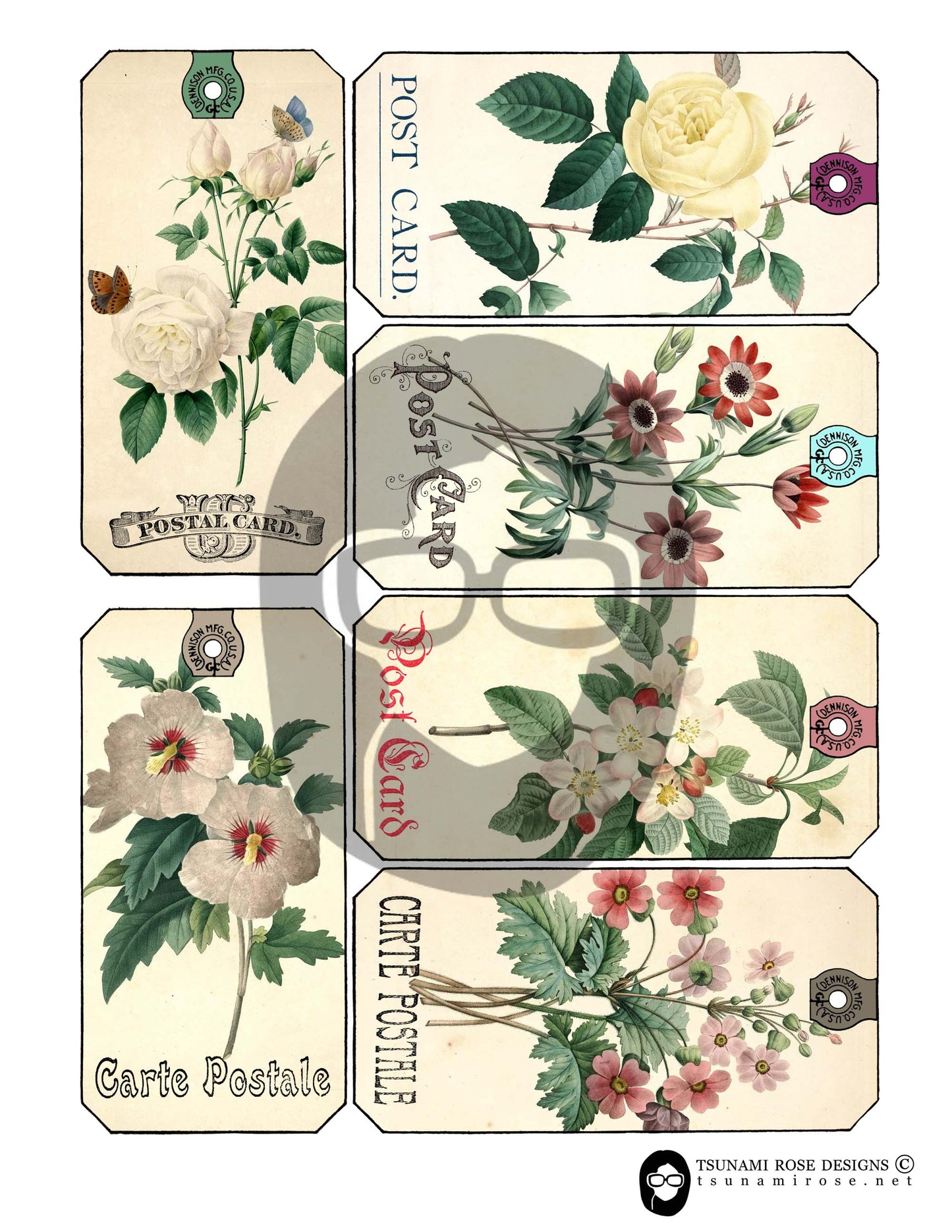 Vintage Floral Postcard Junk Journal Tags 2.0 - Set #4 - 3 Page Instant Download, digital journaling card, printable ephemera kit