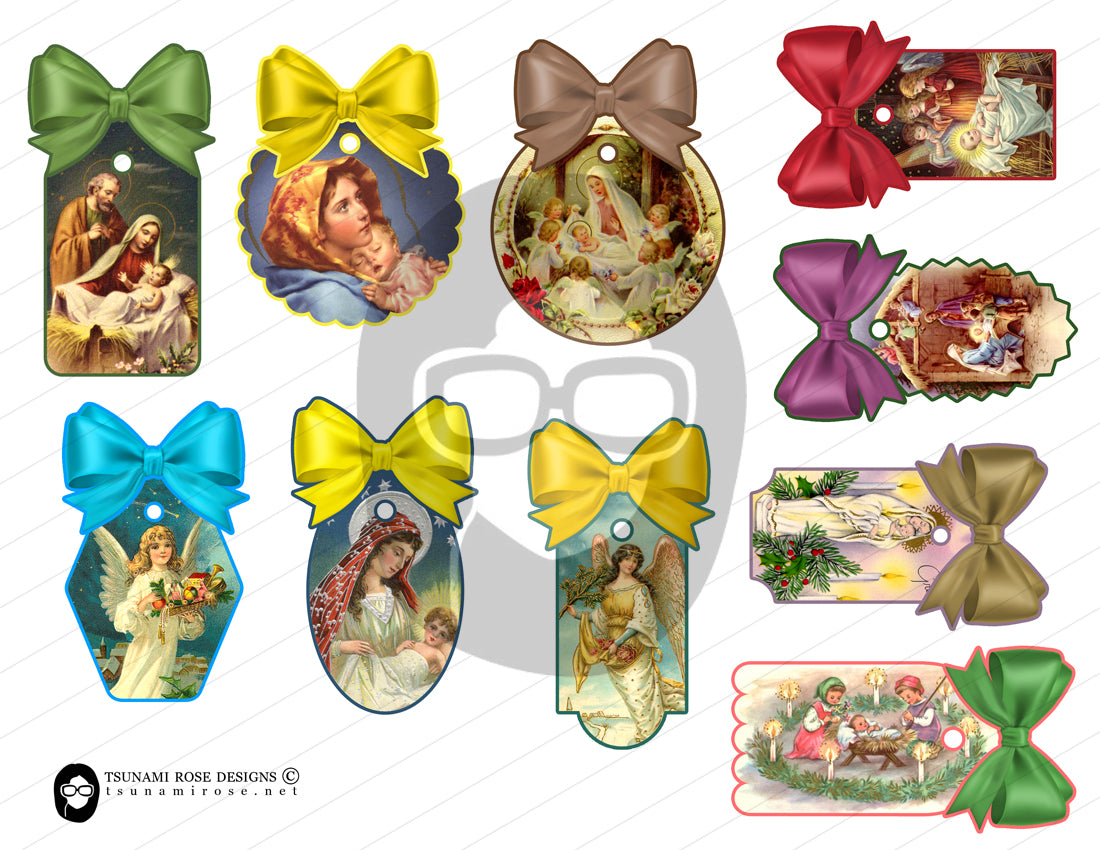 Christian Christmas Junk Journal Bow Tags #5 - 4 Pg download - faith prayer journal printable paper, Xmas bible scripture journaling tag kit