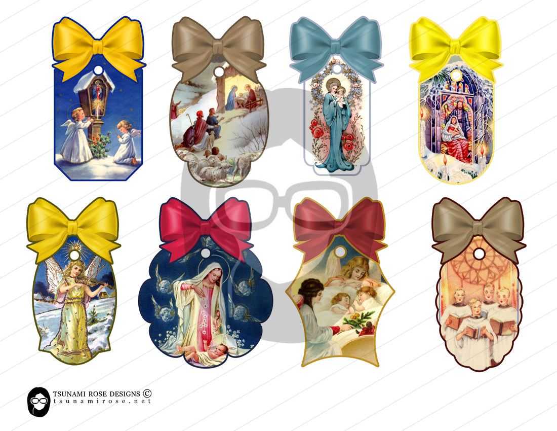 Christian Christmas Junk Journal Bow Tags #5 - 4 Pg download - faith prayer journal printable paper, Xmas bible scripture journaling tag kit