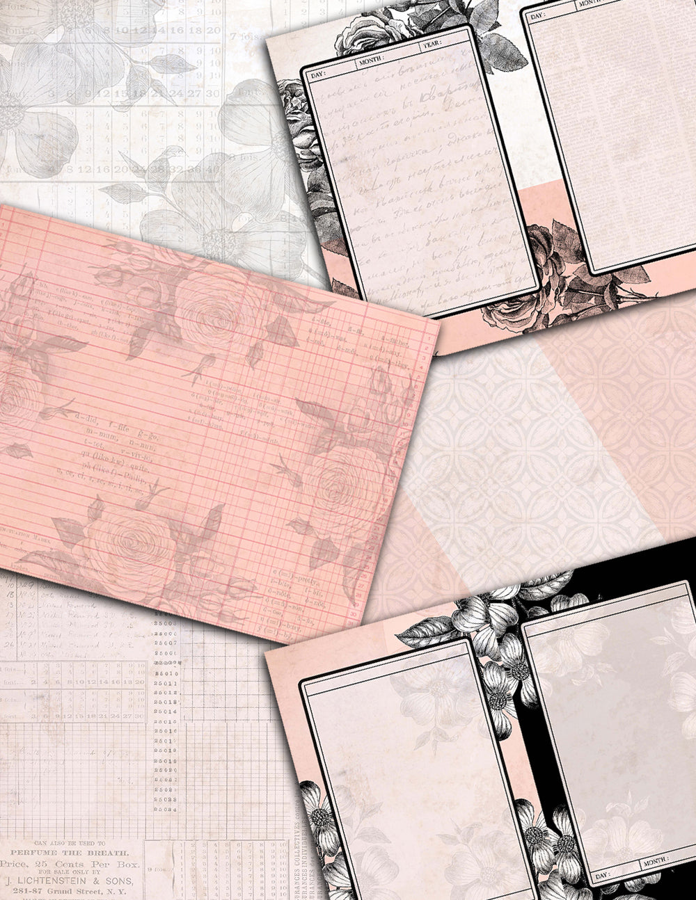 Junk Journal kit, Rose Notecards -27pg Digi Download- printable diary pack, vintage junk journal, floral digital paper, diy journal ephemera