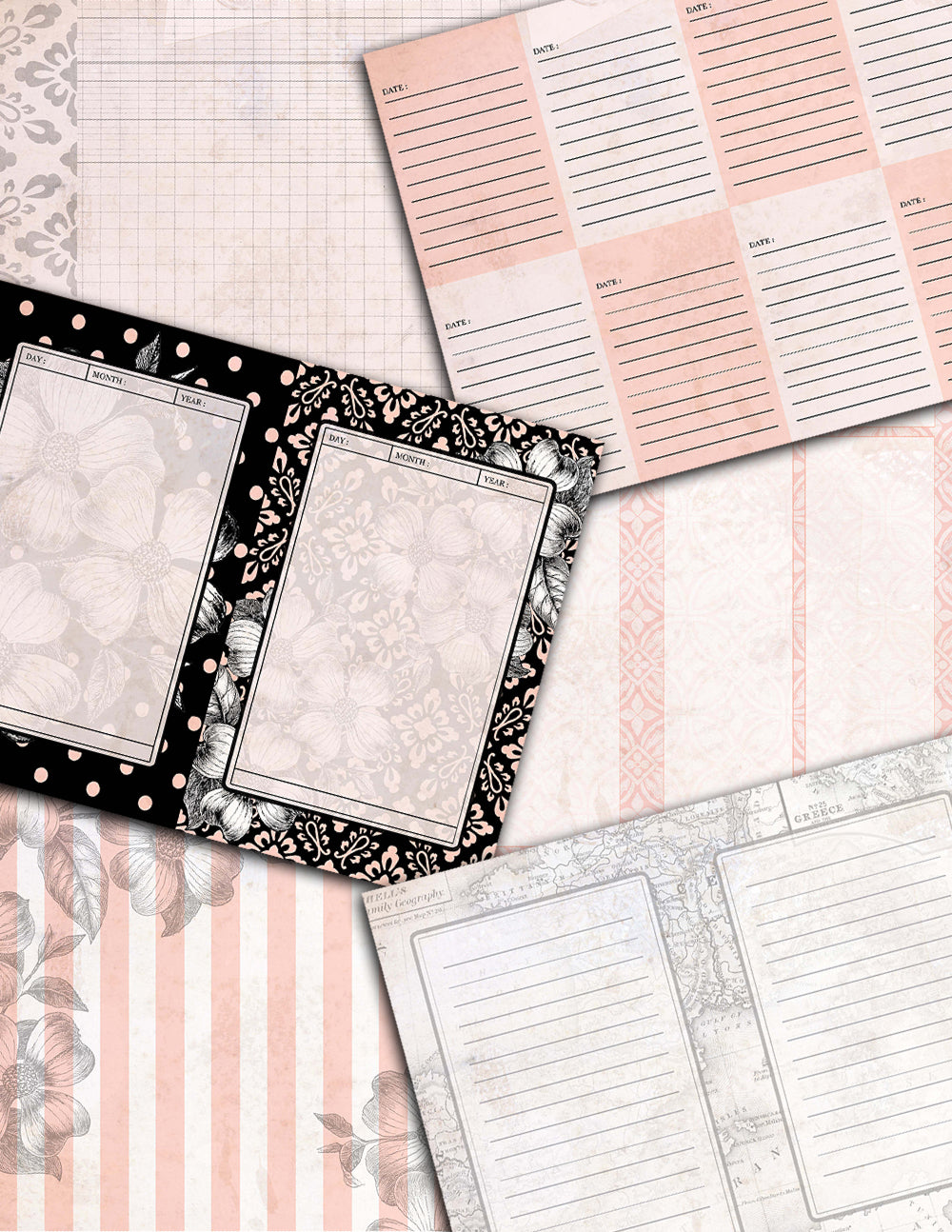 Junk Journal kit, Rose Notecards -27pg Digi Download- printable diary pack, vintage junk journal, floral digital paper, diy journal ephemera