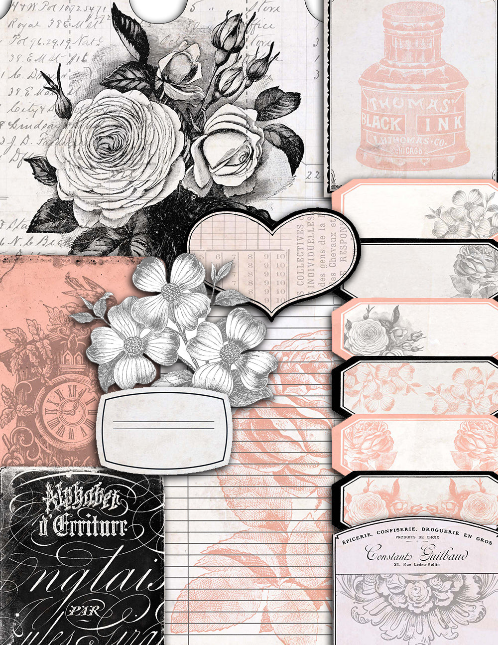 Junk Journal kit, Rose Notecards -27pg Digi Download- printable diary pack, vintage junk journal, floral digital paper, diy journal ephemera