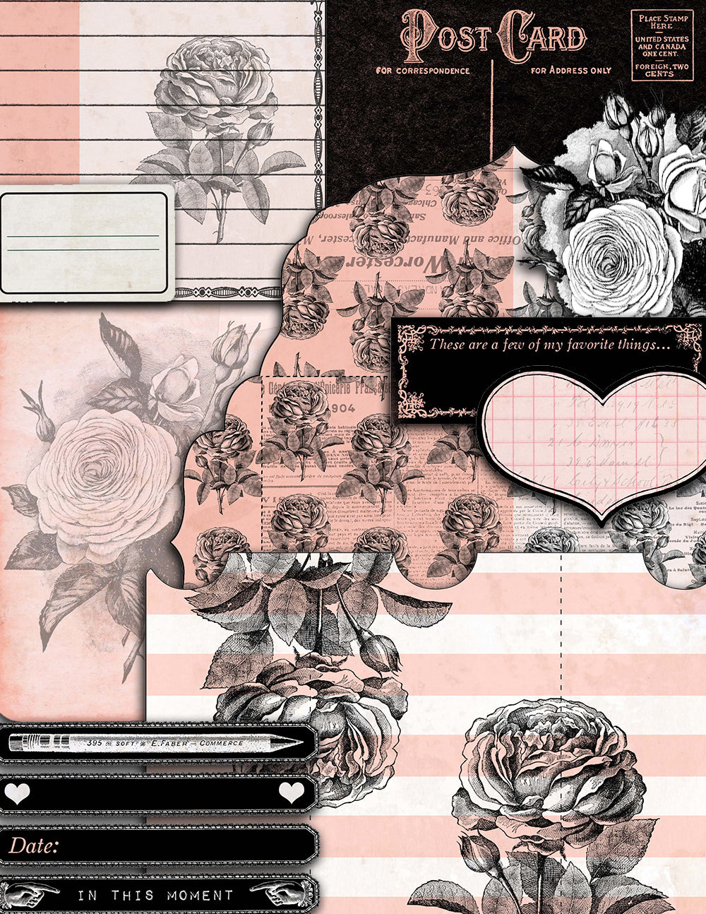 Junk Journal kit, Rose Notecards -27pg Digi Download- printable diary pack, vintage junk journal, floral digital paper, diy journal ephemera