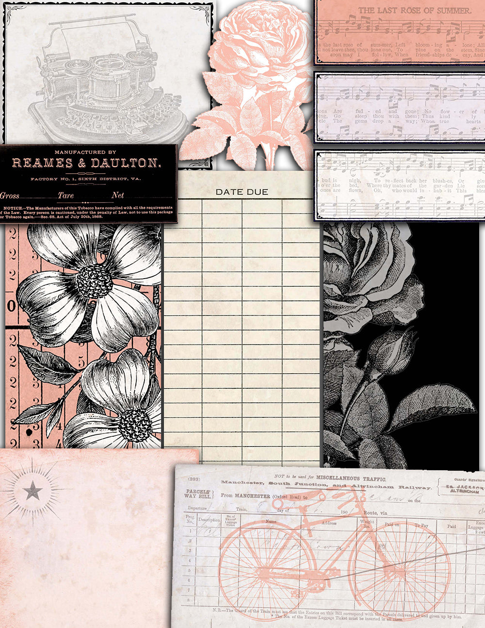 Junk Journal kit, Rose Notecards -27pg Digi Download- printable diary pack, vintage junk journal, floral digital paper, diy journal ephemera