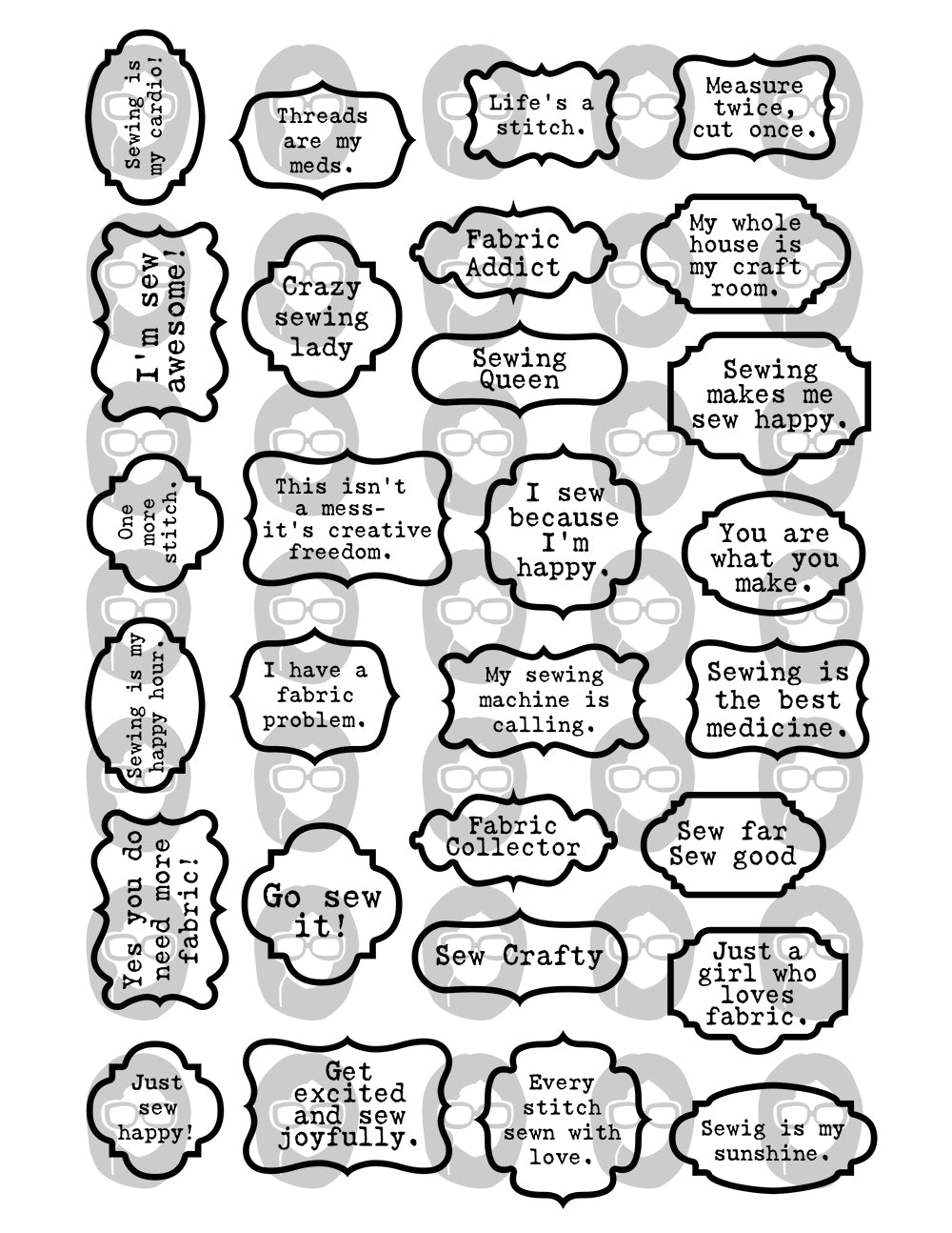 Sewing Quotes, Printable Quote Set -6pg Digital Download- Sewing Ephemera, Ephemera Words, Scrapbook Titles, Fussy Cut, Sewing Junk Journal
