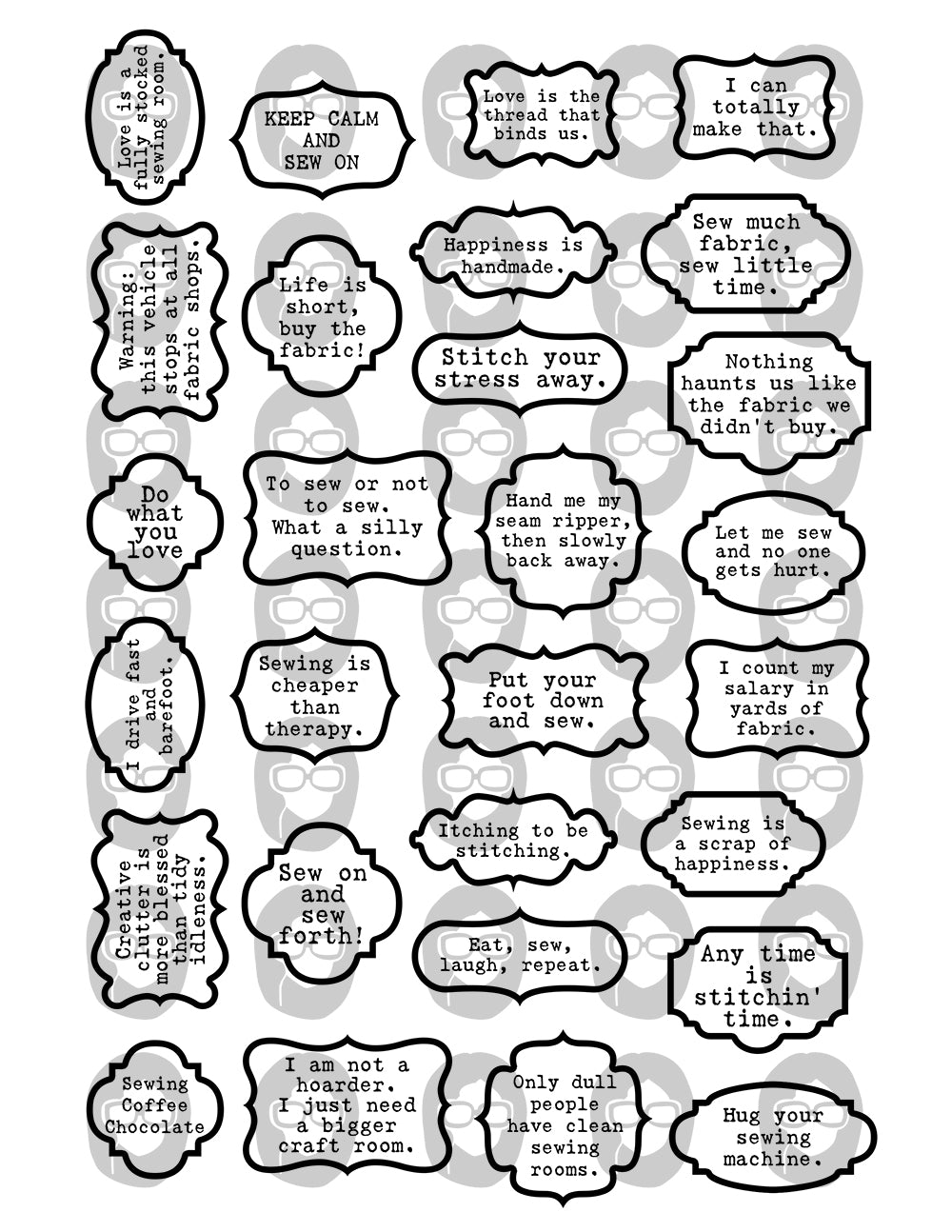 Sewing Quotes, Printable Quote Set -6pg Digital Download- Sewing Ephemera, Ephemera Words, Scrapbook Titles, Fussy Cut, Sewing Junk Journal