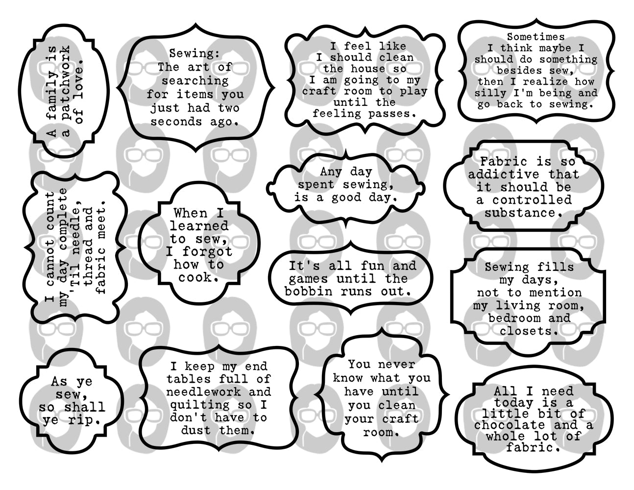 Sewing Quotes, Printable Quote Set -6pg Digital Download- Sewing Ephemera, Ephemera Words, Scrapbook Titles, Fussy Cut, Sewing Junk Journal