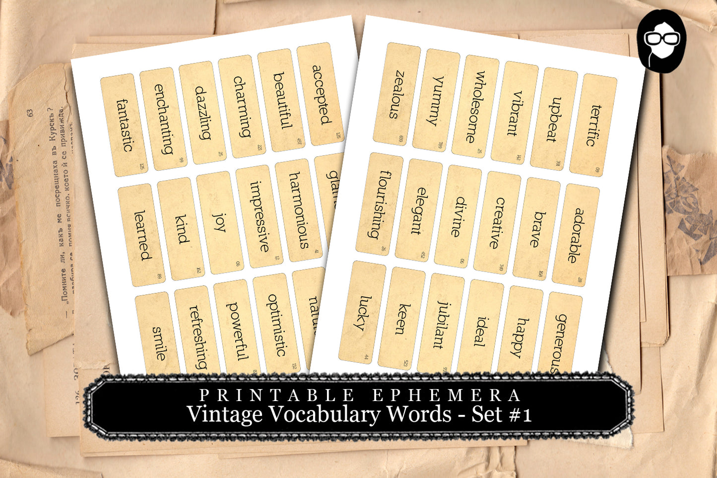 Vintage Vocabulary Cards Set #2 - 2 Page Instant Download - ephemera pack, altered art kit, junk journal kit, blank journal cards
