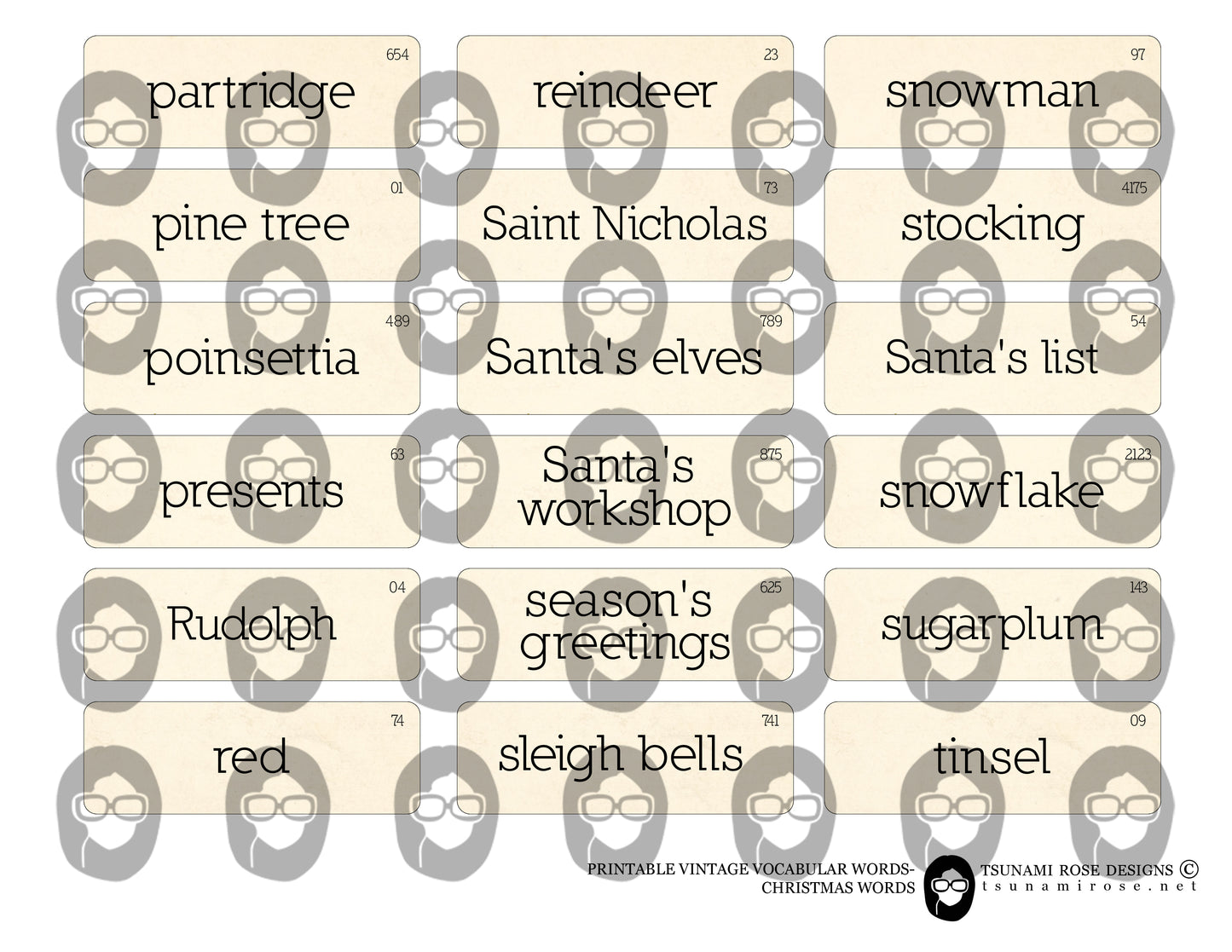 Journaling cards, Vocabulary Words -3pg Digital Download- Flash Cards, Christmas Labels, Printable Christmas Ephemera, Fussy Cut Words