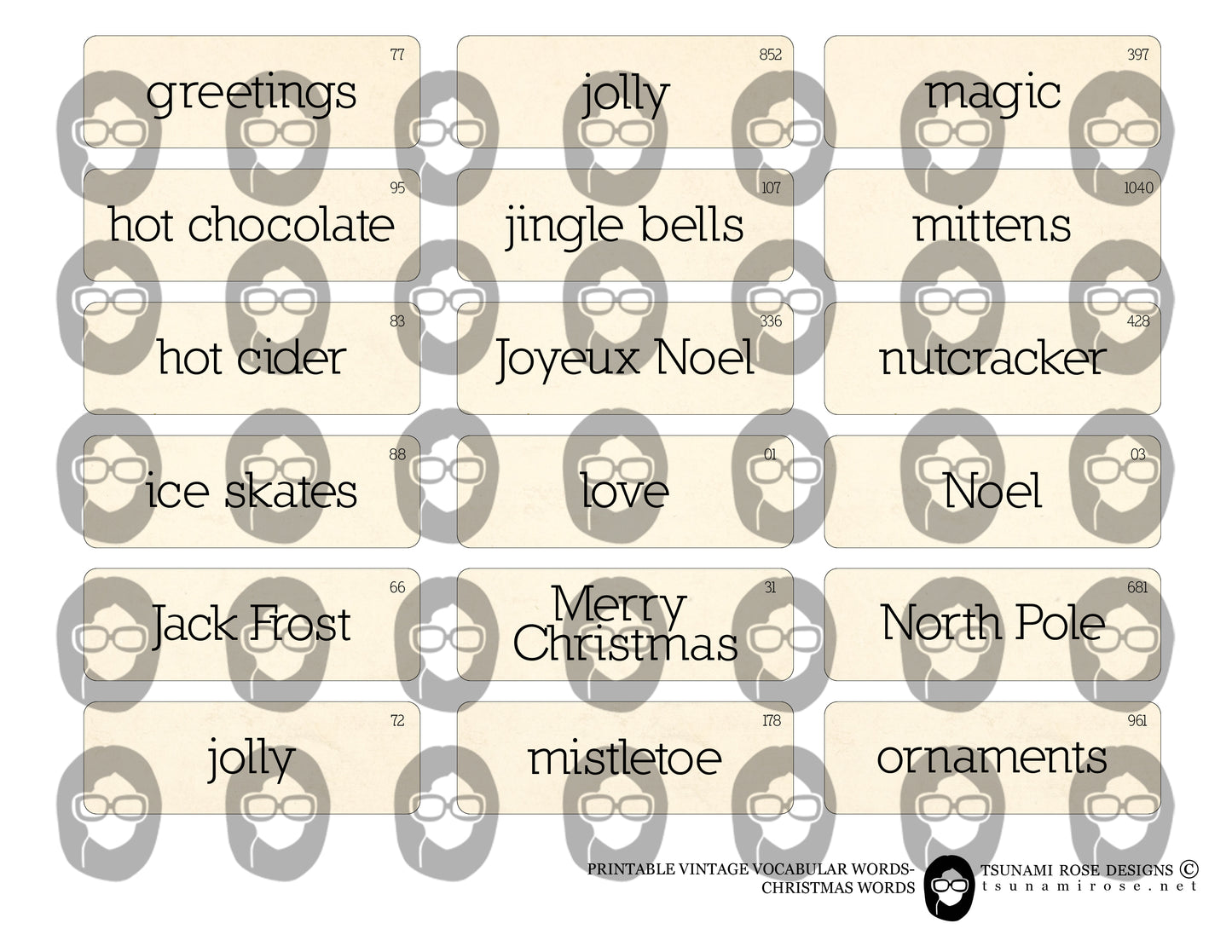 Journaling cards, Vocabulary Words -3pg Digital Download- Flash Cards, Christmas Labels, Printable Christmas Ephemera, Fussy Cut Words
