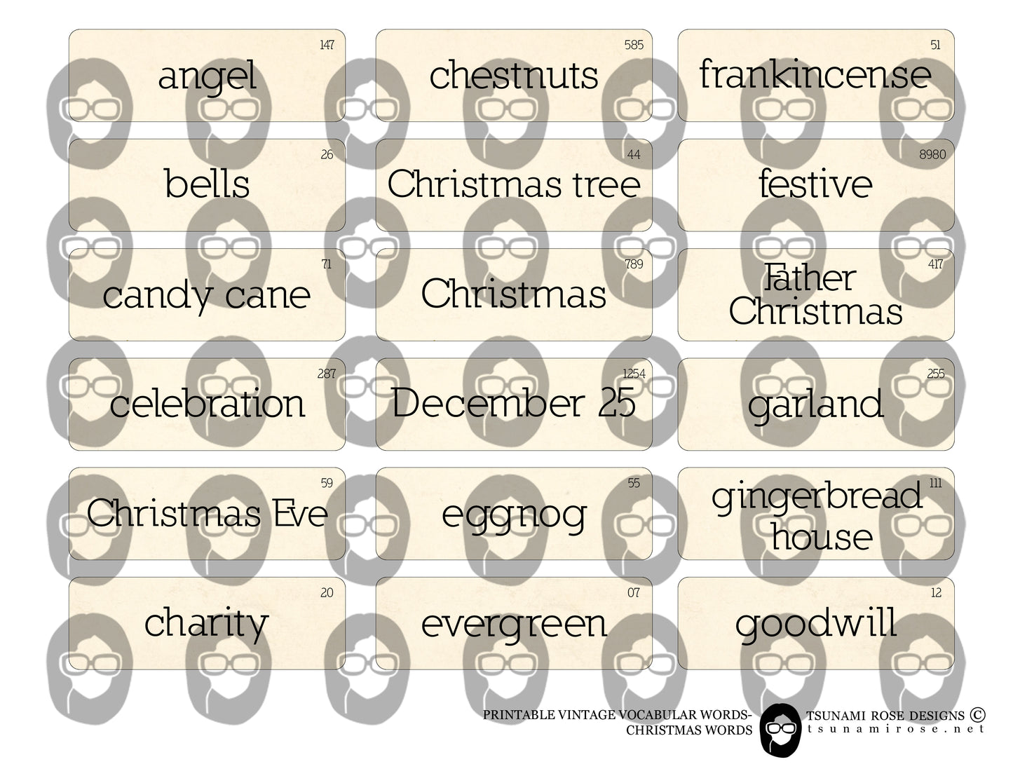 Journaling cards, Vocabulary Words -3pg Digital Download- Flash Cards, Christmas Labels, Printable Christmas Ephemera, Fussy Cut Words