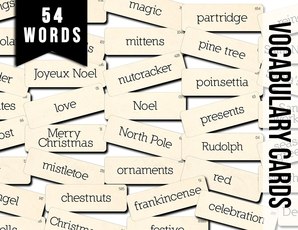 Journaling cards, Vocabulary Words -3pg Digital Download- Flash Cards, Christmas Labels, Printable Christmas Ephemera, Fussy Cut Words