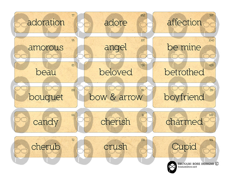 Valentine's Quotes, Vocabulary Flashcard, S6 -4pg Digital Download- Ephemera Words, Fussy Cut Words, Digital Labels, Vintage and Retro