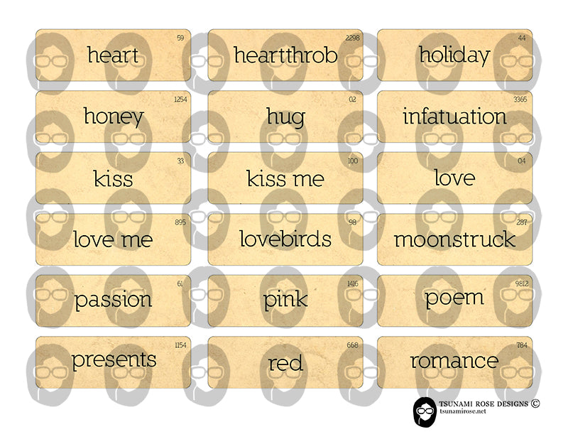 Valentine's Quotes, Vocabulary Flashcard, S6 -4pg Digital Download- Ephemera Words, Fussy Cut Words, Digital Labels, Vintage and Retro