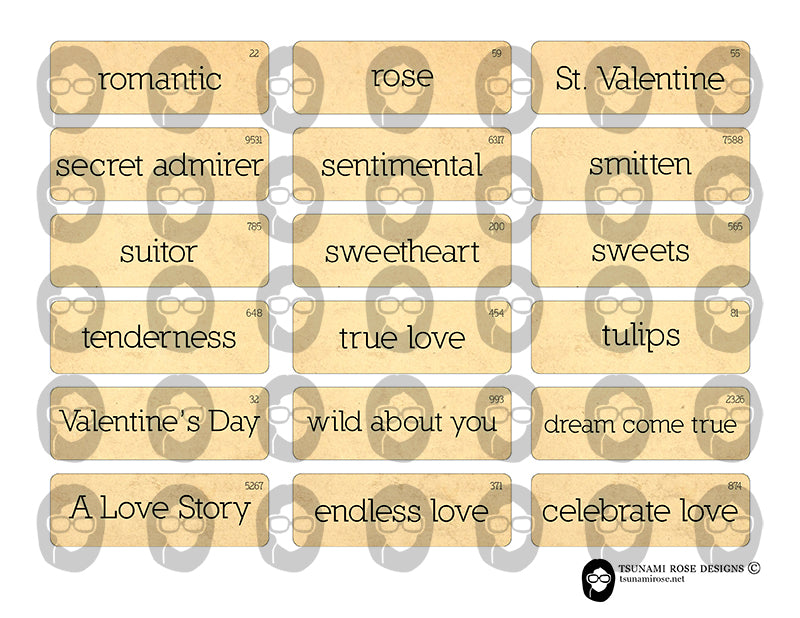 Valentine's Quotes, Vocabulary Flashcard, S6 -4pg Digital Download- Ephemera Words, Fussy Cut Words, Digital Labels, Vintage and Retro