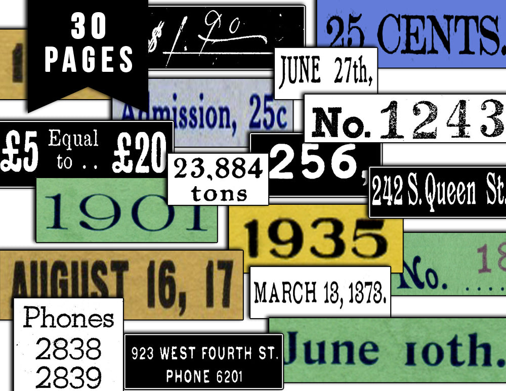 Junk Journal Labels, Vintage Numbers Printable -30pg Digital Download- Grungy Numbers, Fussy Cut Ephemera, Ink Saver, Distressed Labels