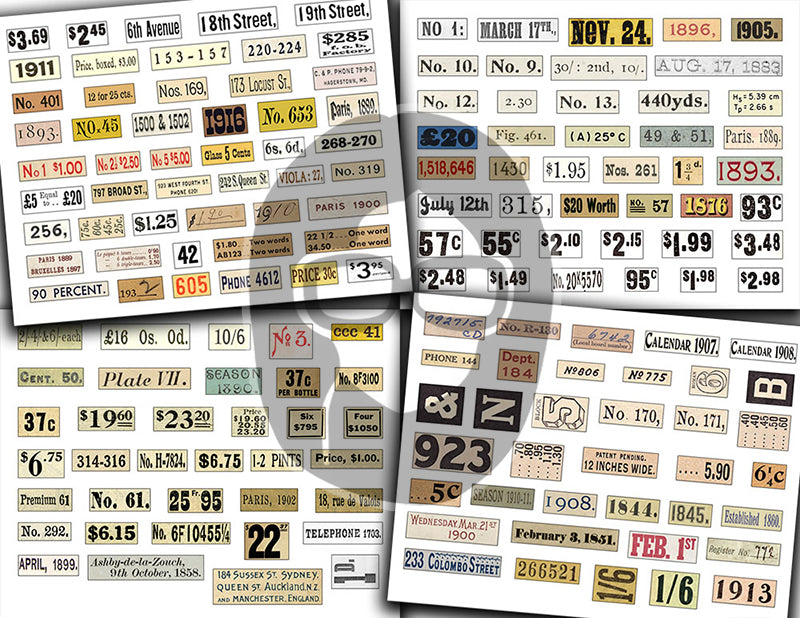 Junk Journal Labels, Vintage Numbers Printable -30pg Digital Download- Grungy Numbers, Fussy Cut Ephemera, Ink Saver, Distressed Labels