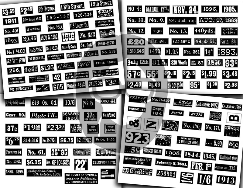 Junk Journal Labels, Vintage Numbers Printable -30pg Digital Download- Grungy Numbers, Fussy Cut Ephemera, Ink Saver, Distressed Labels
