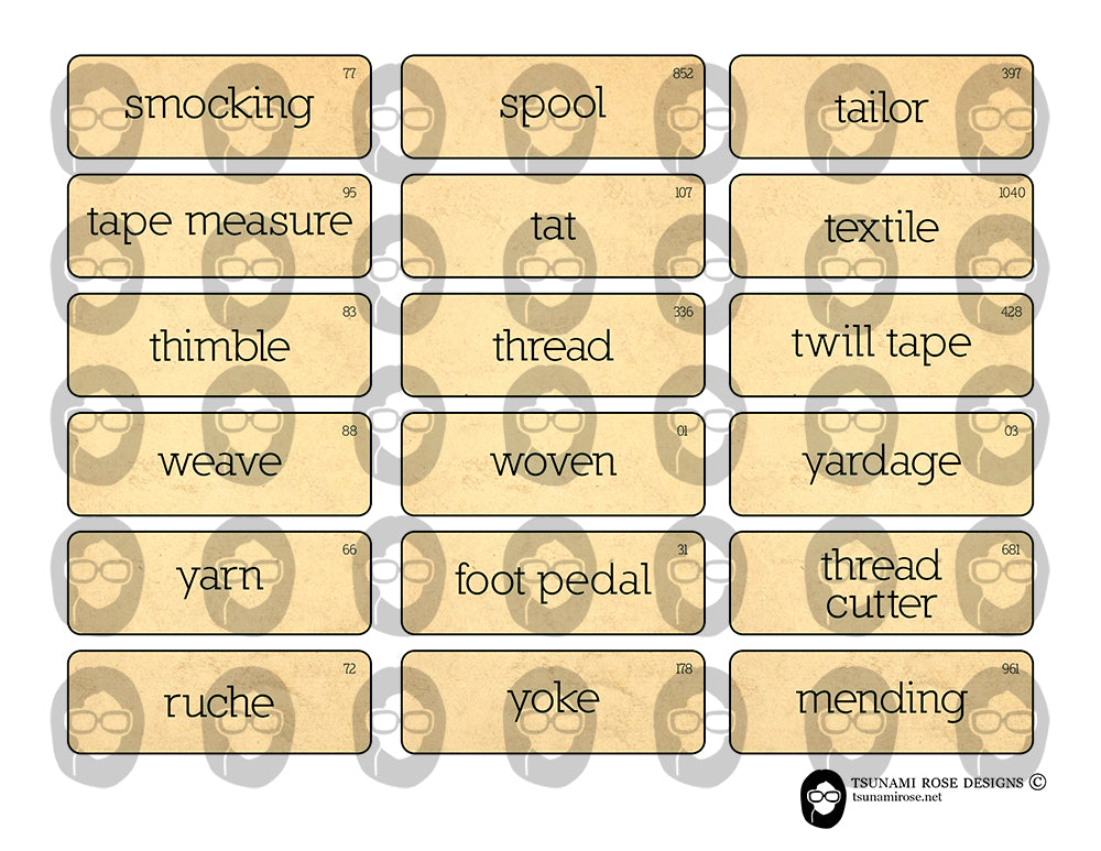 Junk Journal Labels, Printable Quote Set -8pg Digital Download- Sewing Ephemera, Ephemera Words, Scrapbook Titles, Fussy Cut, Sewing Journal